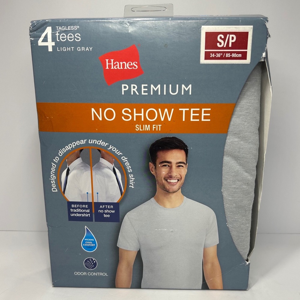 Hanes Premium No Show Tee Slim Fit Light Gray 4 Pack Mens Small Undershirts New